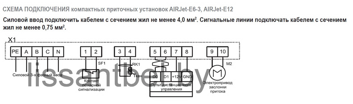 СХЕМА ПОДКЛЮЧЕНИЯ компактных приточных установок AIRJet-E6-3, AIRJet-E12